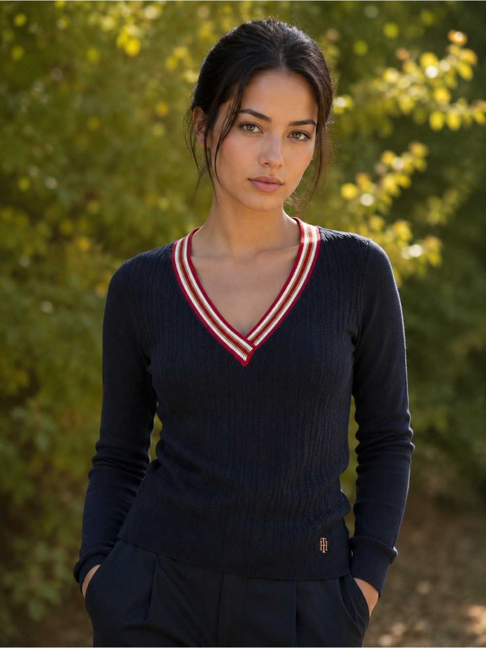 Tommy Hilfiger Navy V-Neck Sweater with Red and Cream Trim